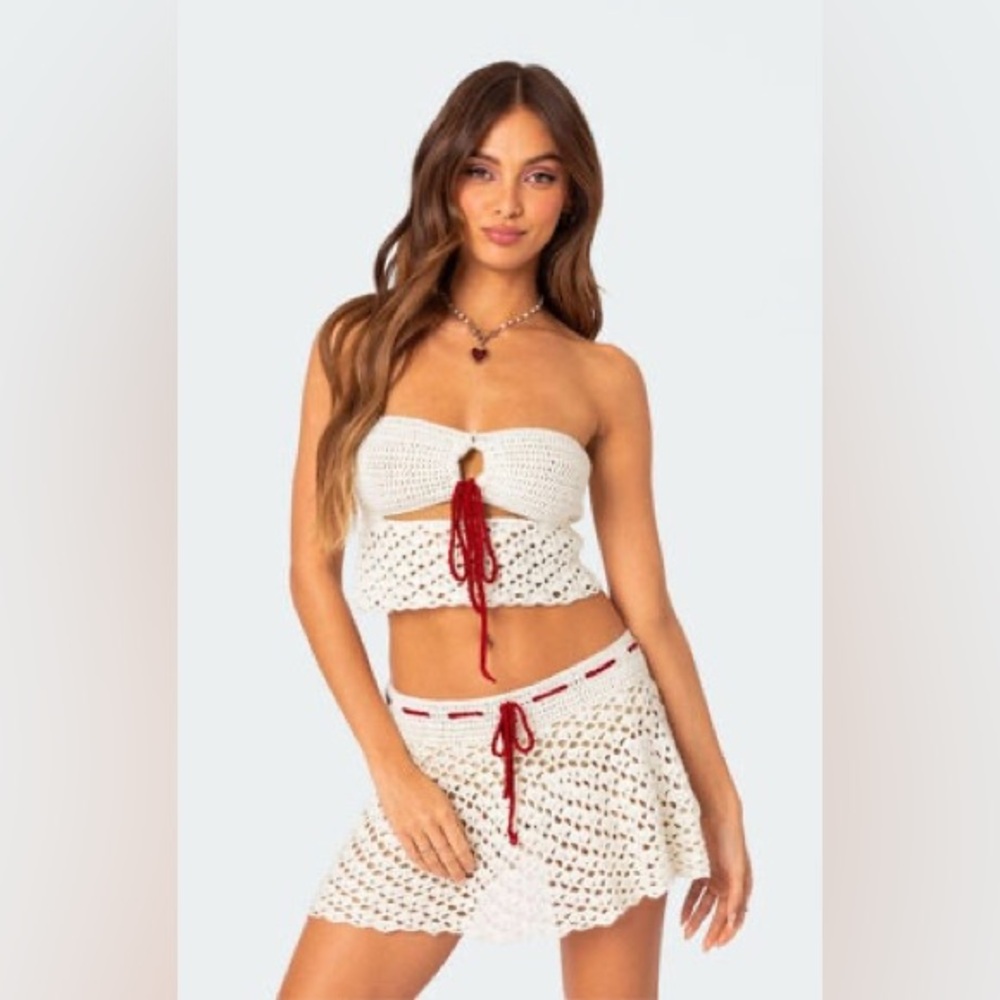 White Edikted Strapless Crochet Top and Mini Skirt Set
